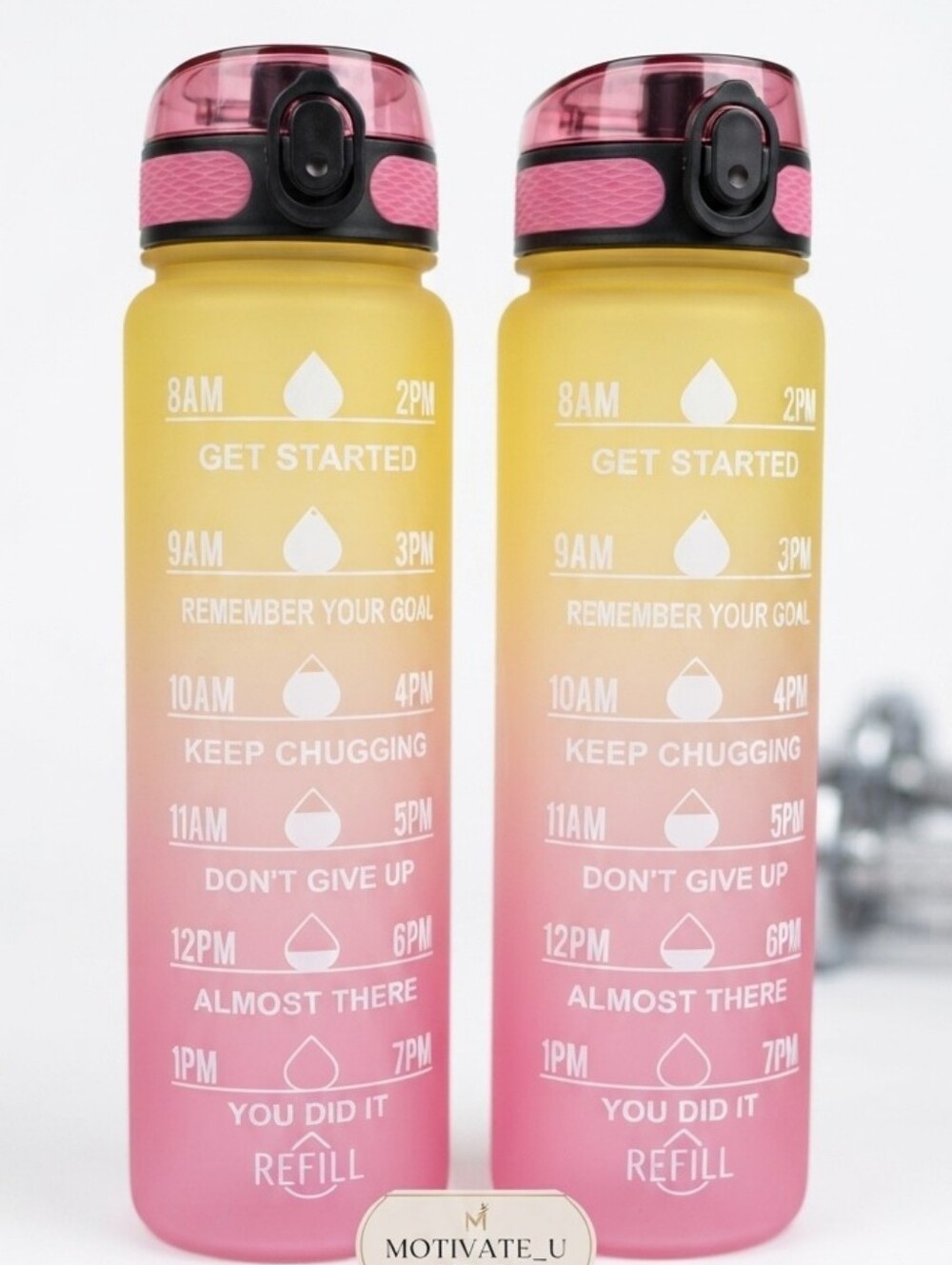 Motivational Water Bottle Time Marker Daily Intake Hydration 32oz Easy Open 2 Pk